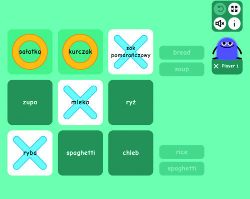 Rys. 12. Rozgrywka w grze Noughts & Crosses – produkty żywnościowe